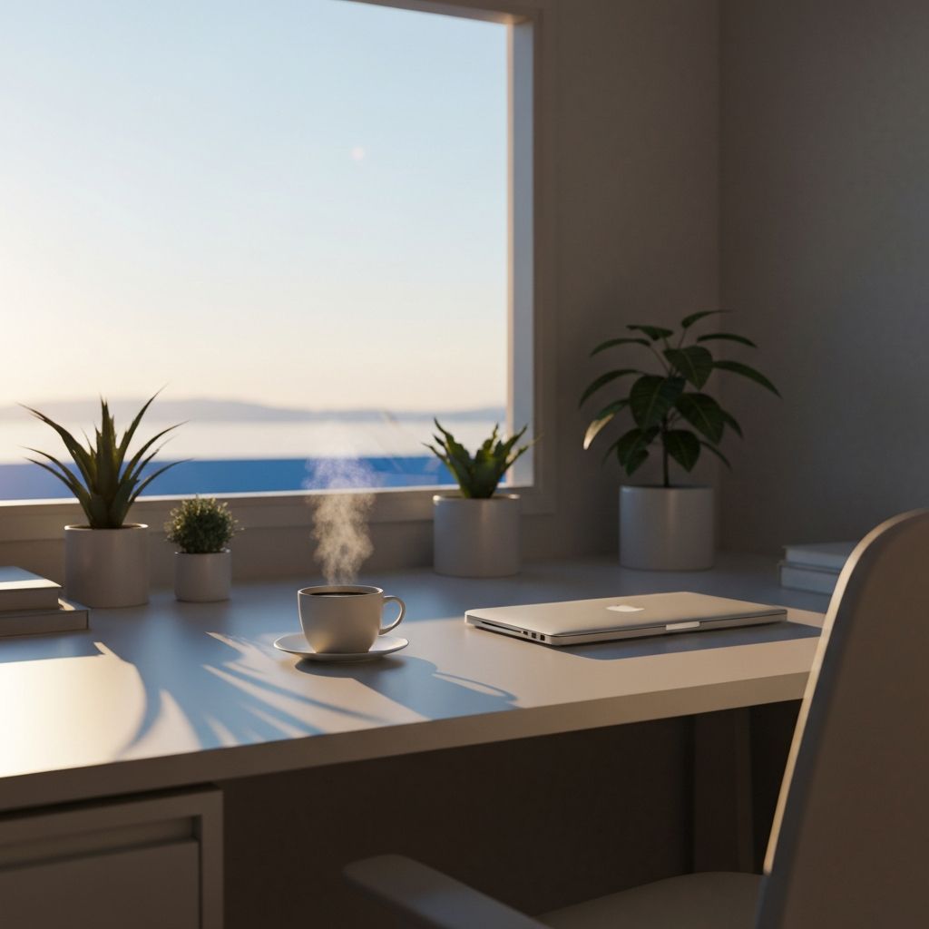 Peaceful morning workspace with natural light